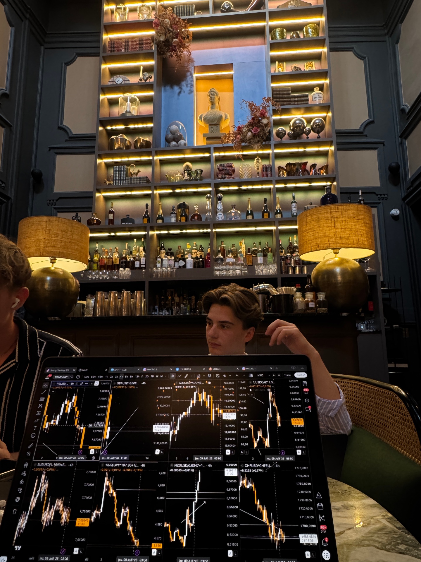 Session de trading avec un bro dans un bar
