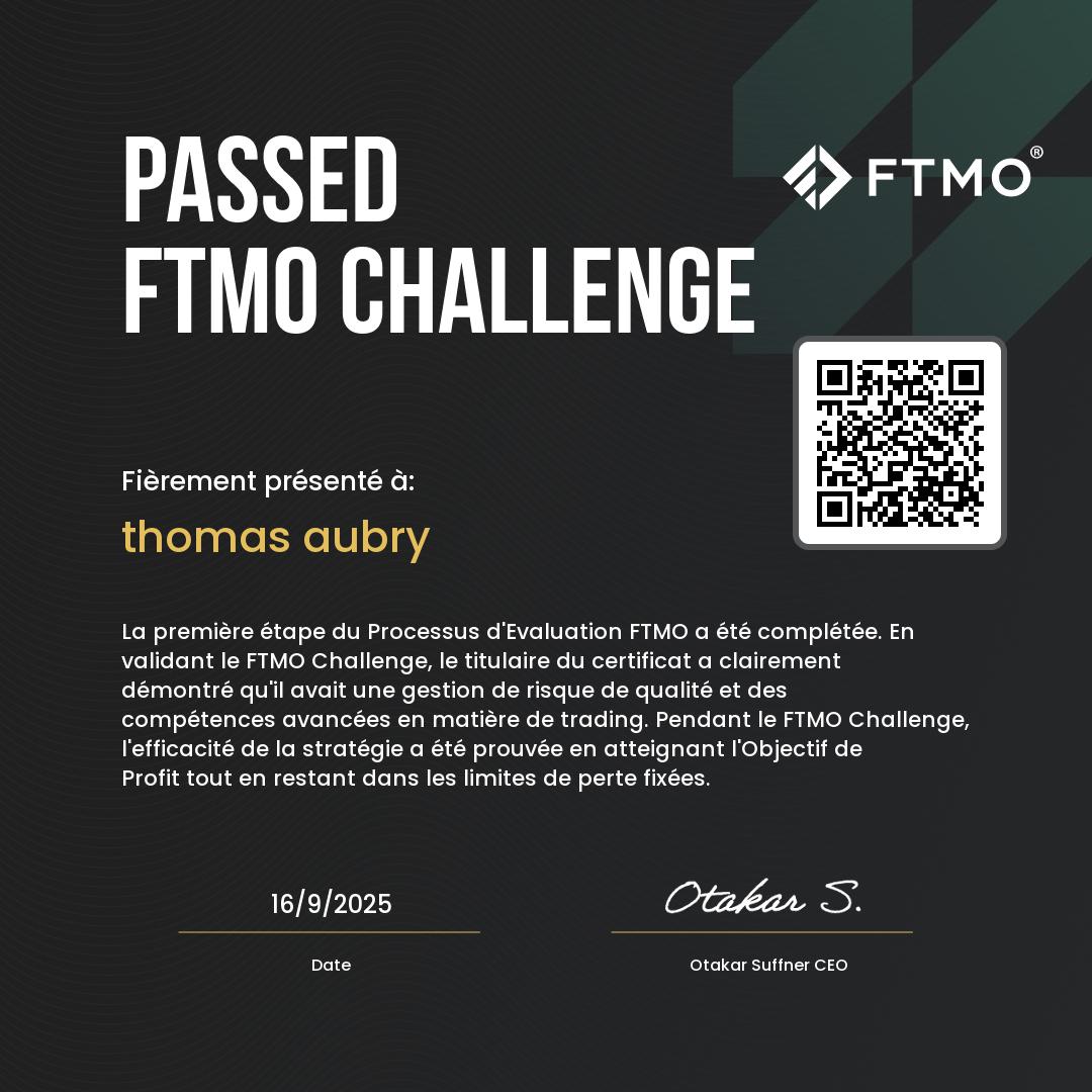 Certificat FTMO Challenge passé